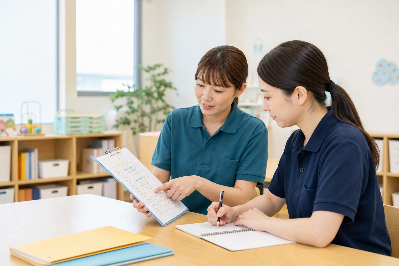 児発・放デイの職員がチェックリストを見ながら申し送りする様子