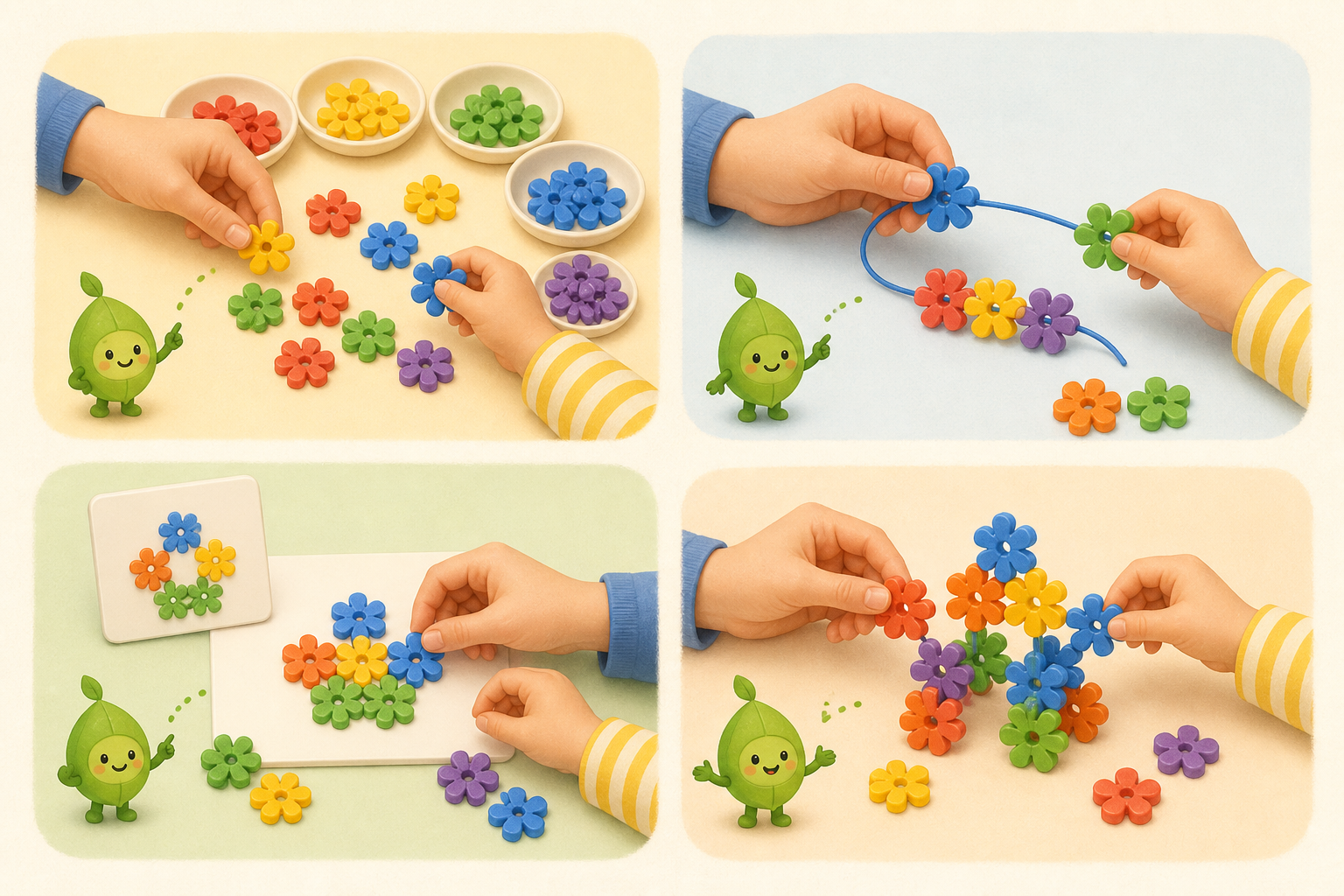 色分け、ひも通し、見本づくり、共同制作を楽しむ4つの遊び方のイラスト