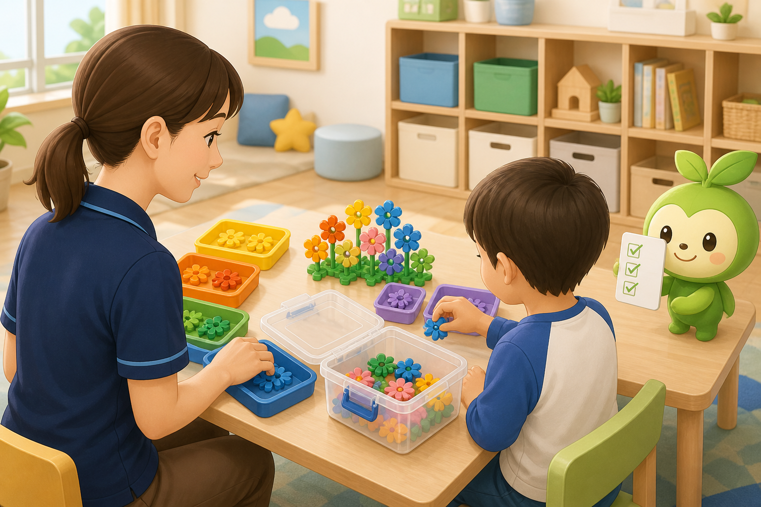 支援者と子どもがカラフルなパーツを数えながら片付けるイラスト