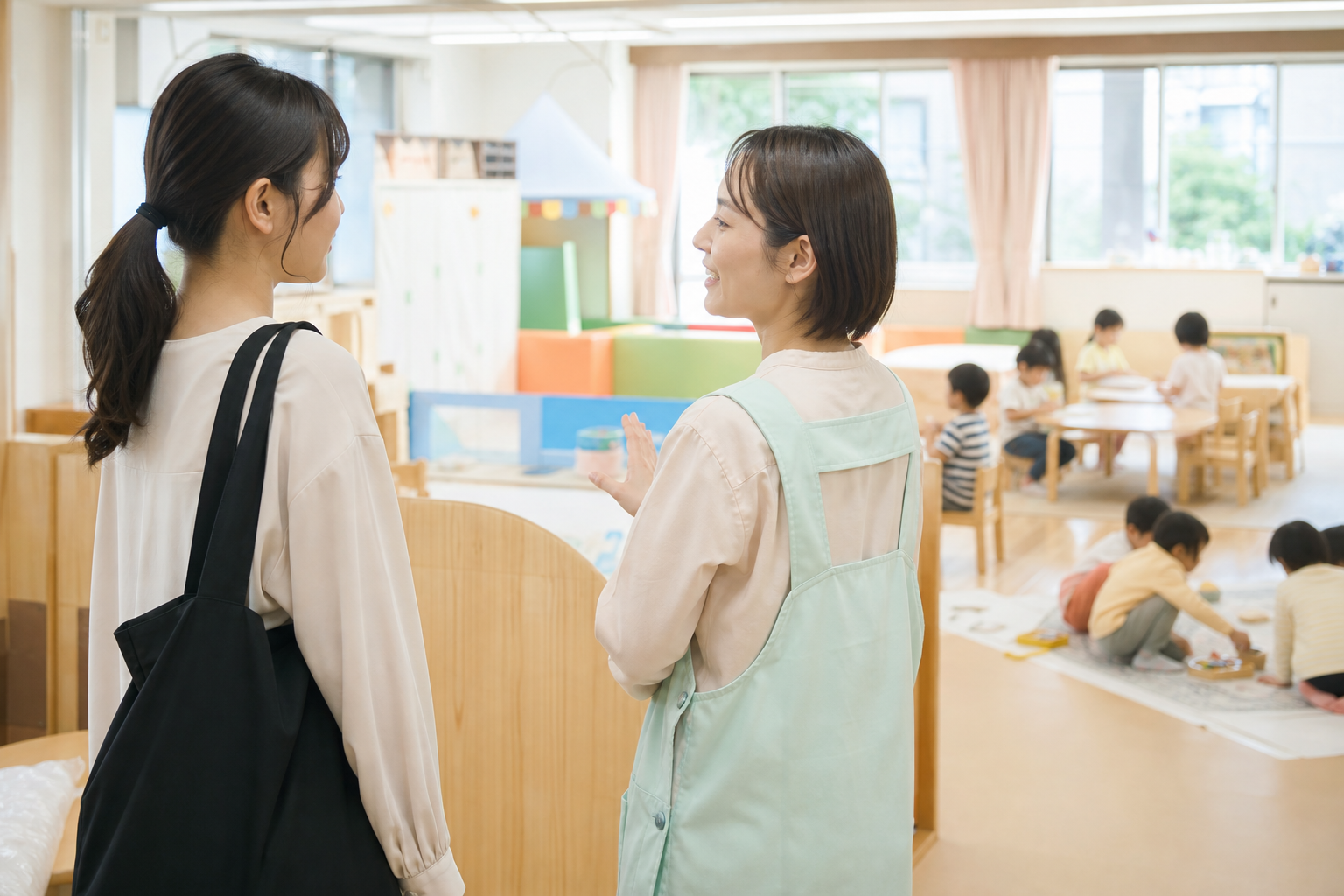 教室を見学しながら働き方について話す求職者と支援員