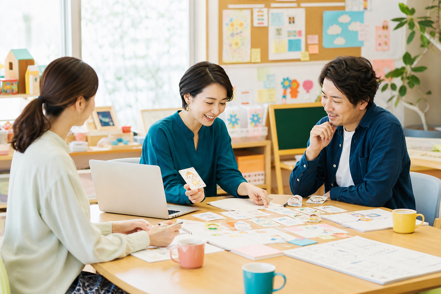 カラフルな資料を囲み現場で役立つ記事を考える編集チーム