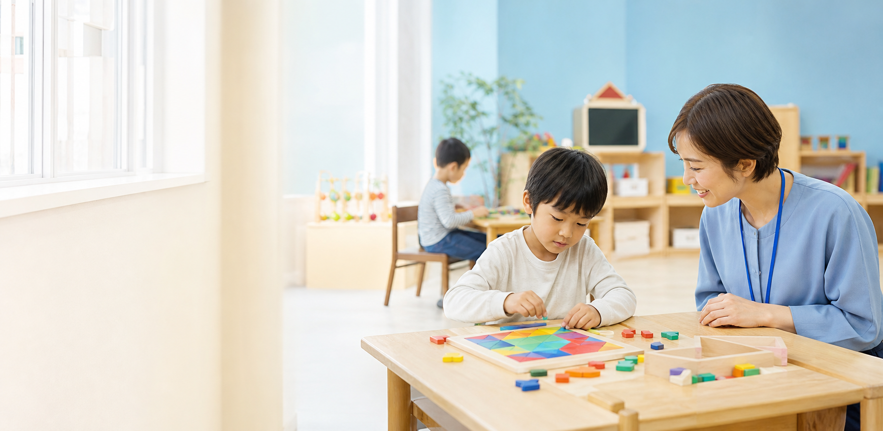 明るい療育室で子どもの活動に寄り添う支援員