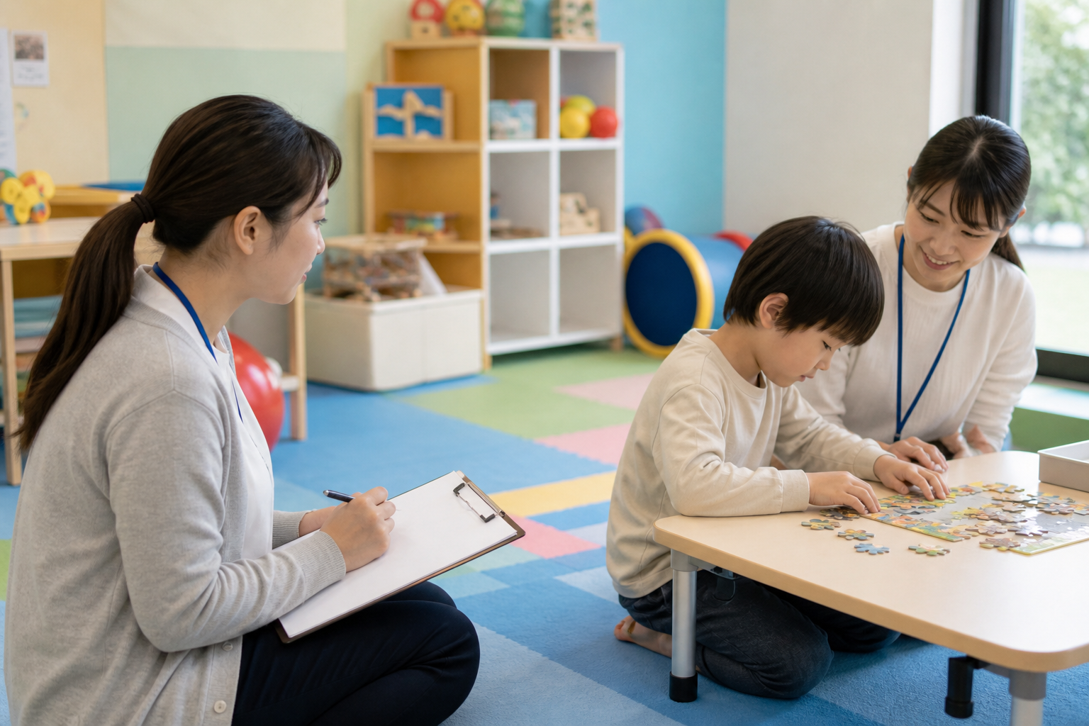 子どもの活動を見守りながら記録する支援員