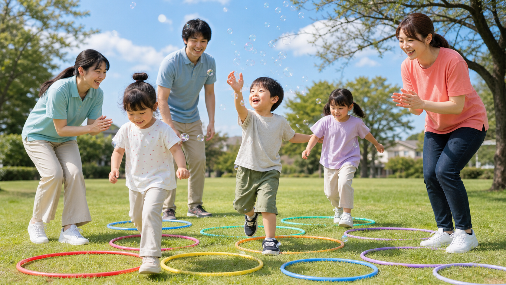 公園でフープとシャボン玉を使って笑顔で体を動かす子どもと支援員