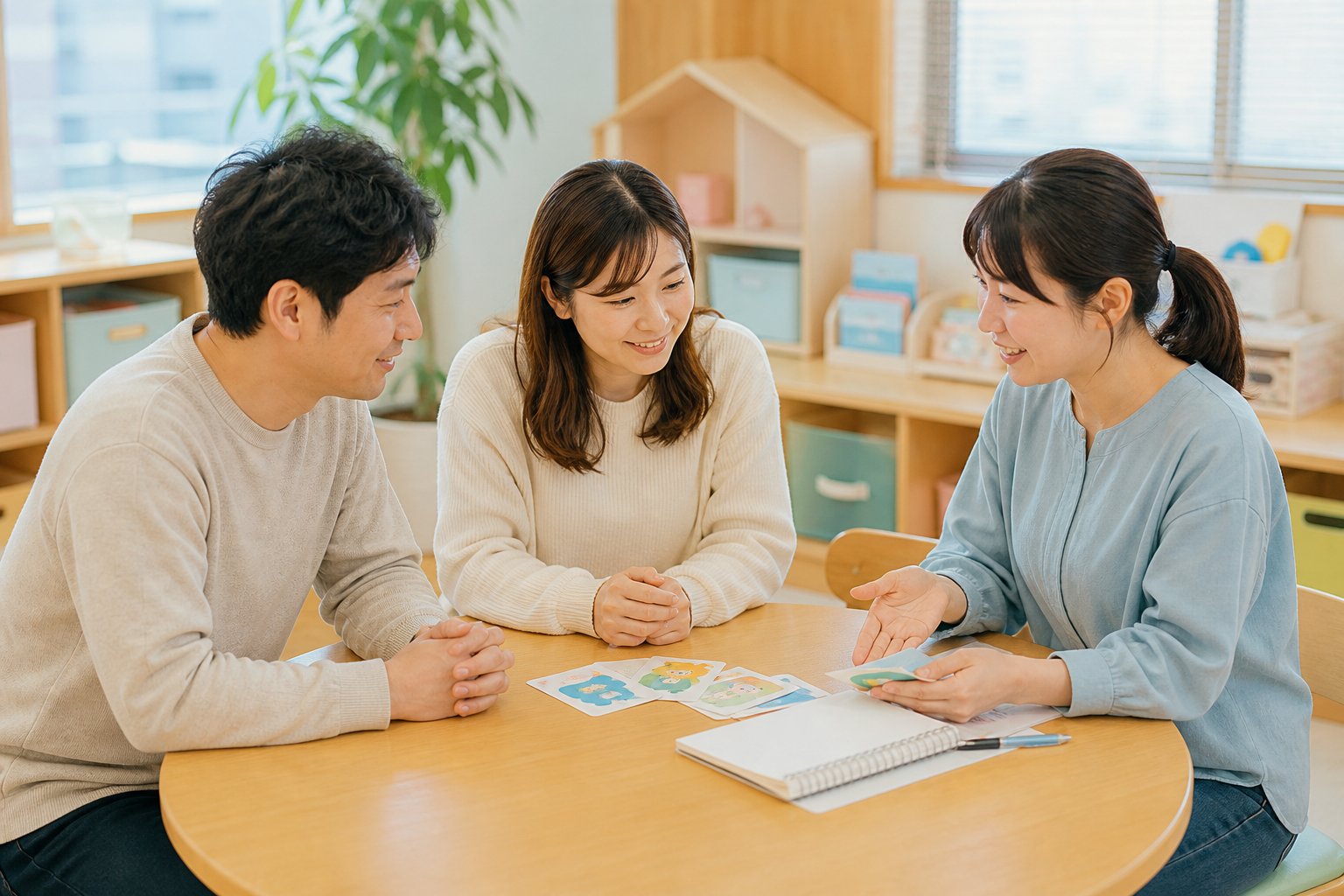 明るい相談室で保護者と支援員が落ち着いて話す様子